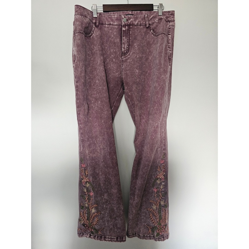 Boho Flamingals Embroidered Acid Wash Jeans Womens 3XL Mauve Purple Floral Boho